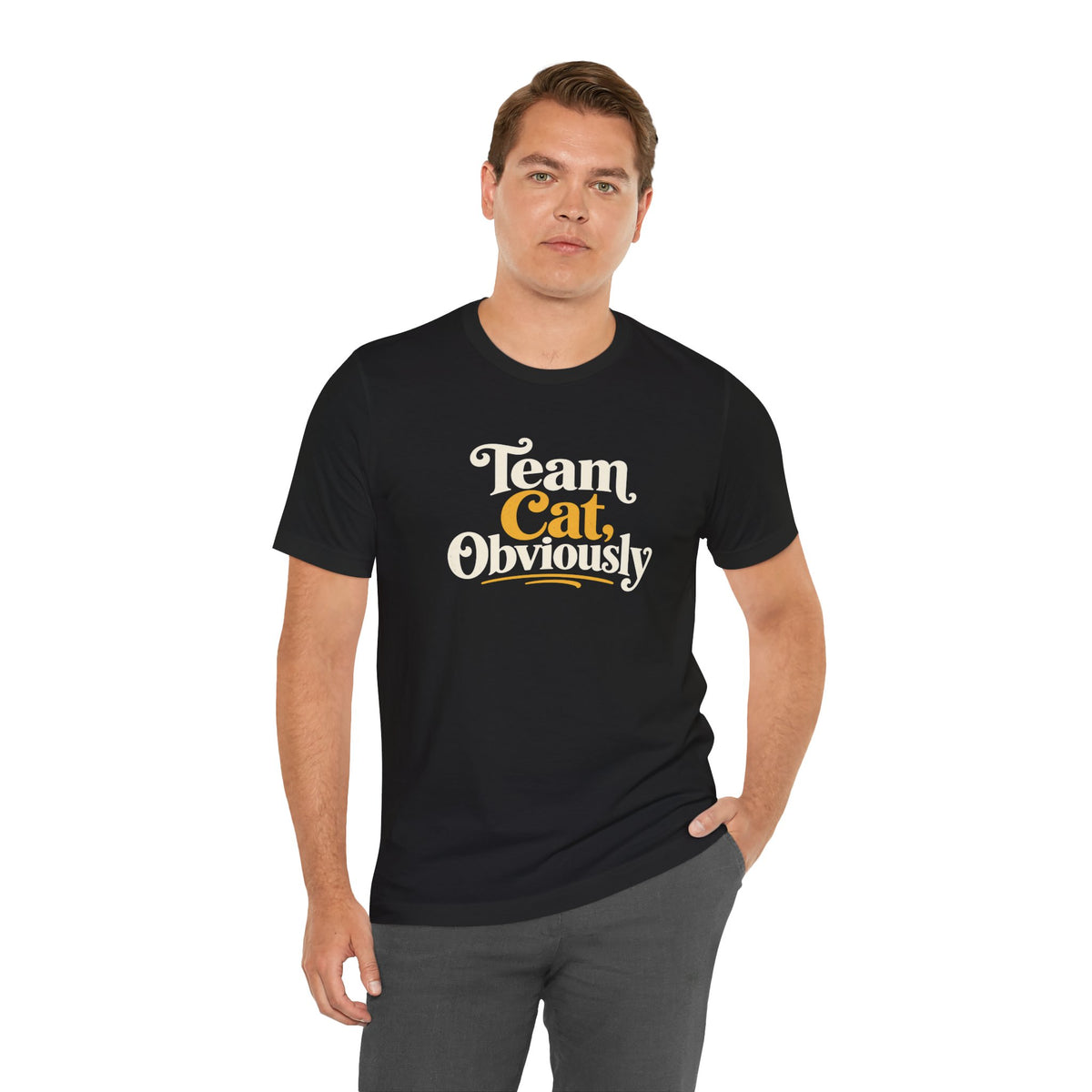 Black crewneck t-shirt with 'Team Cat, Obviously' cat slogan front design