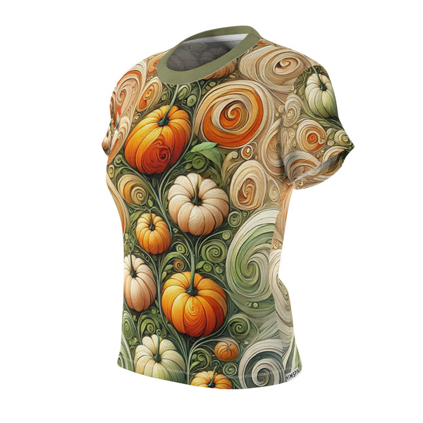 Women’s crew-neck t-shirt with all-over pumpkin swirl print, green and orange.