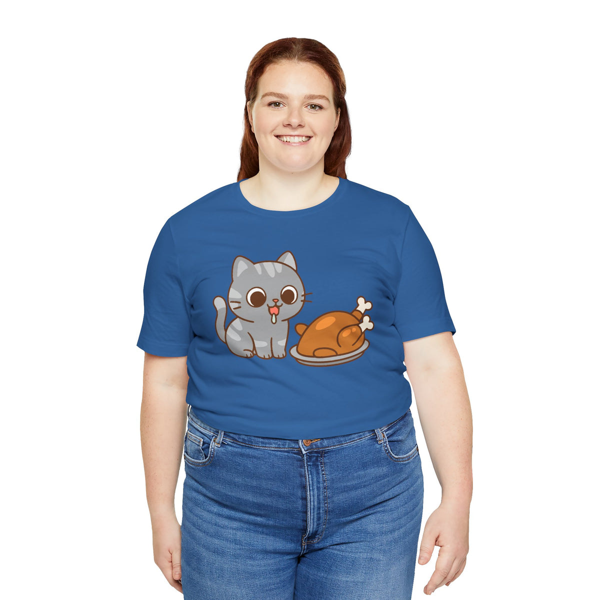 Blue women’s t-shirt with chest graphic of gray cat holding a turkey