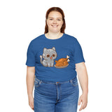Blue women’s t-shirt with chest graphic of gray cat holding a turkey