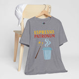 Heather gray t-shirt on hanger with “ESPRESSO PATRONUM” graphic and coffee cup icon