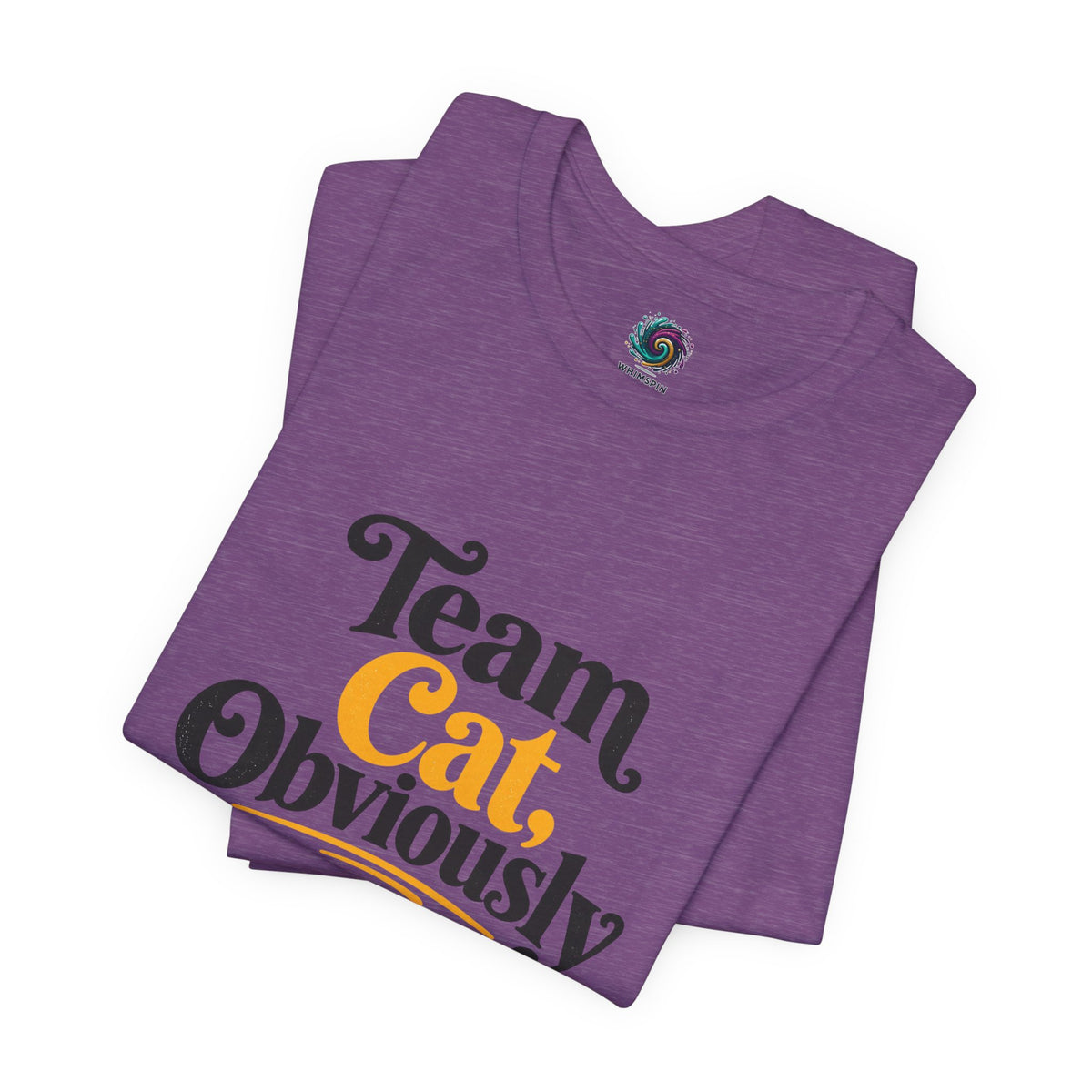 Heather purple T-shirt with “Team Cat, Obviously” graphic, folded flat view.