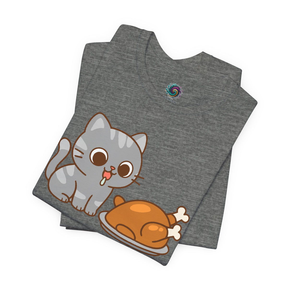 Charcoal heather T-shirt with cat and turkey graphic, short sleeves