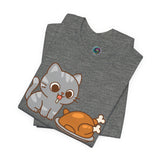 Charcoal heather T-shirt with cat and turkey graphic, short sleeves