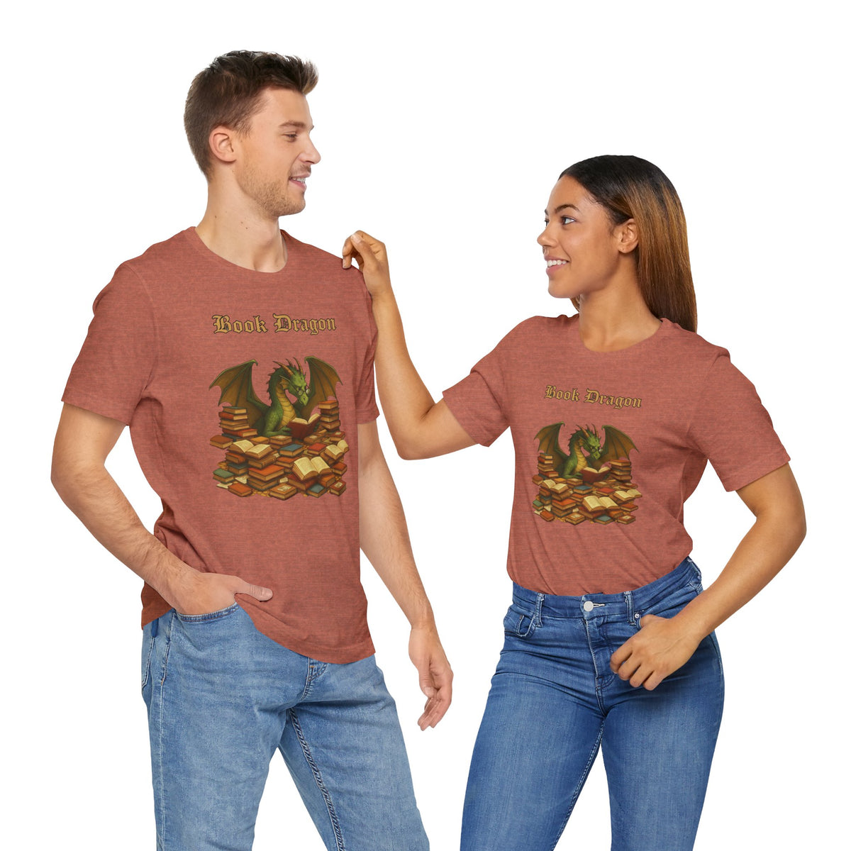 Rust brown crewneck t-shirt on two models with Book Dragon dragon-and-books print