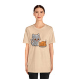 Beige crew-neck T-shirt with cat and turkey illustration, front view
