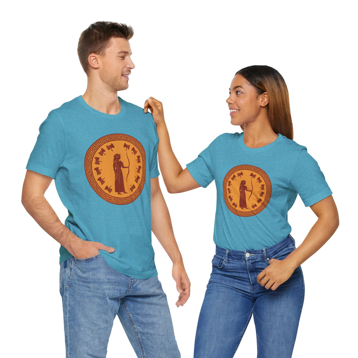 Turquoise crewneck T-shirt with large circular orange Greek-style figure graphic on chest