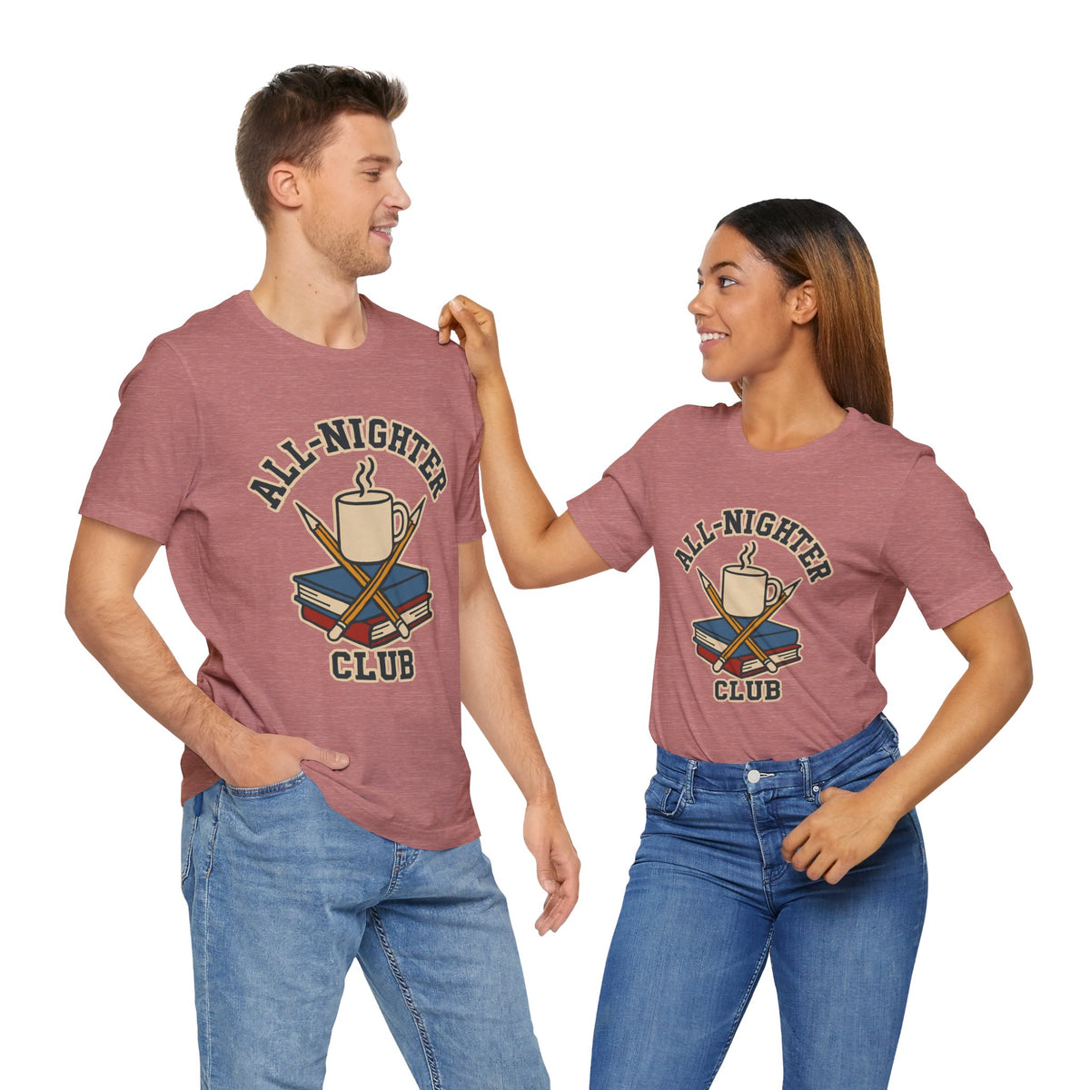 Heather mauve crew-neck T-shirts with 'All-Nighter Club' coffee graphic on two models