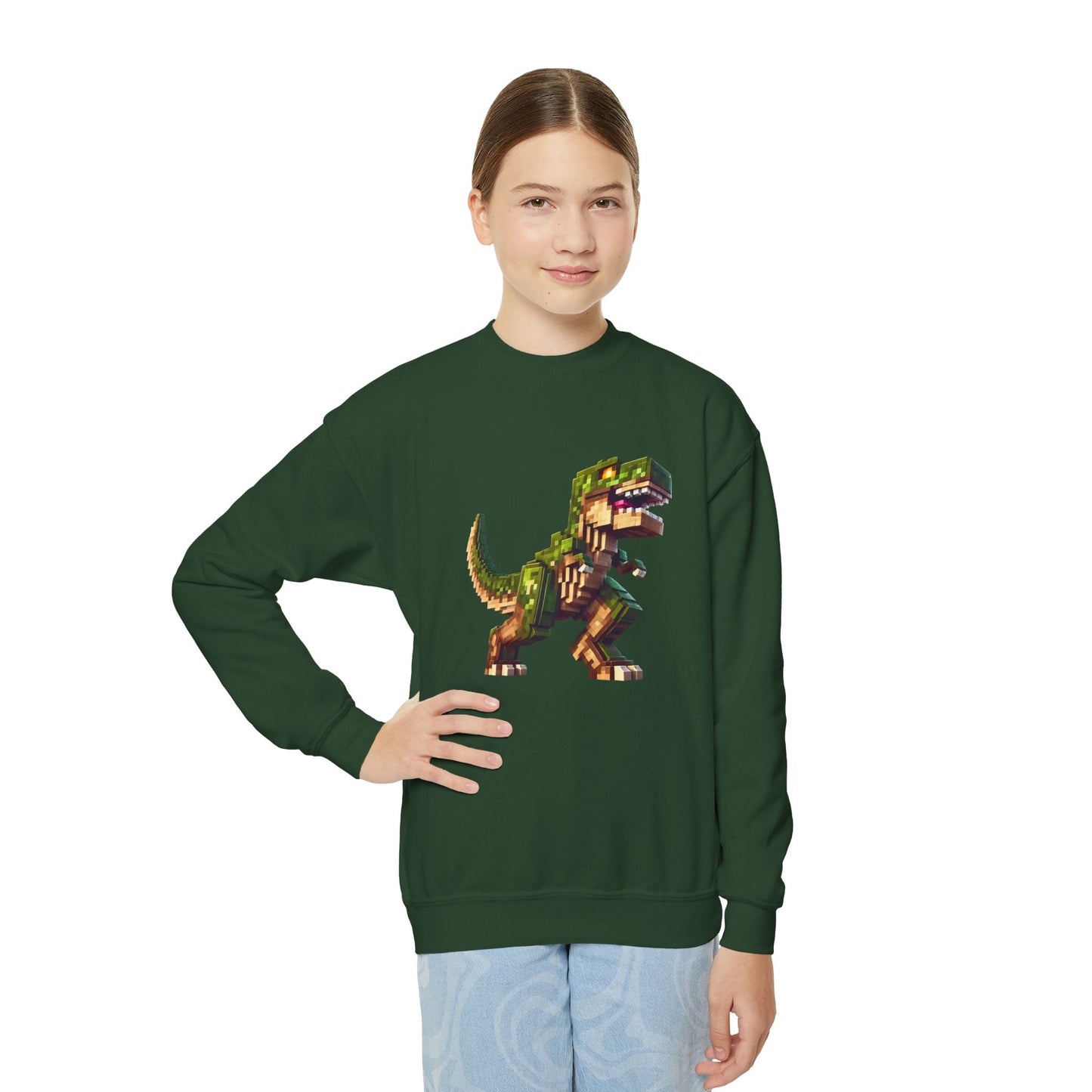 Pixel Dinosaur Youth Sweatshirt – Retro Pixel T-Rex Gamer Hoodie