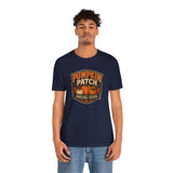 Navy crewneck T-shirt with pumpkin badge graphic, short sleeves