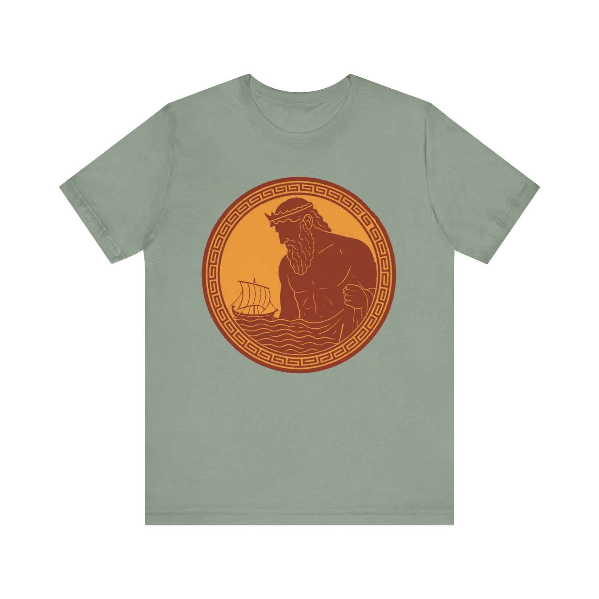 Sage green Poseidon Epic T shirt from WhimSpin. This shirt features an ancient greek amphora style image of Poseidon raising from the sea and looming over a boat on the waves. Image is in terracotta cotta red and golden yellow. 