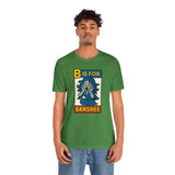 Green crewneck T-shirt with 'B is for Banshee' front graphic