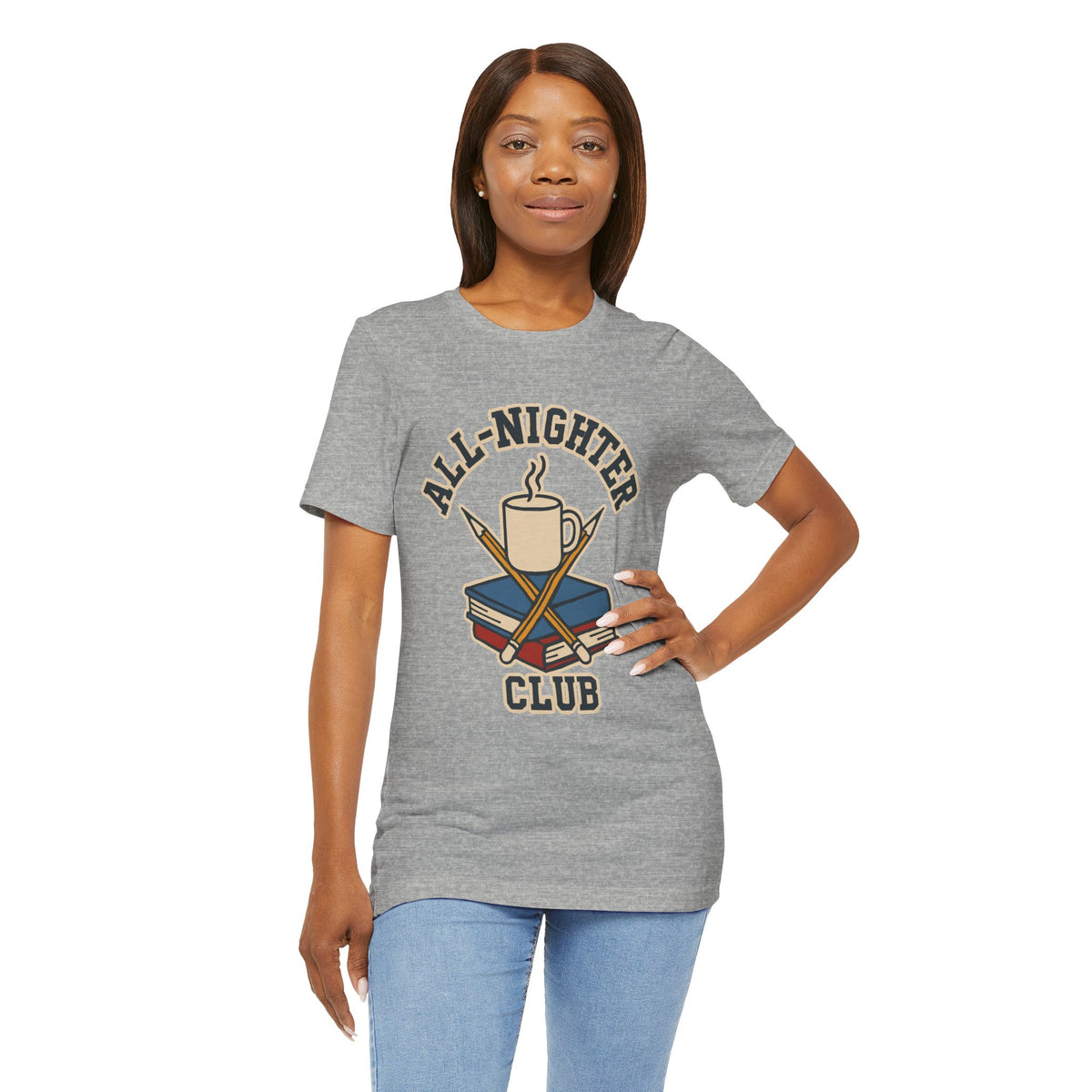 Heather gray crewneck T-shirt with All-Nighter Club coffee graphic on front