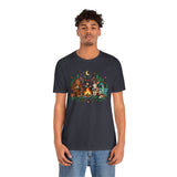 Dark crewneck t-shirt with campfire cryptid graphic and forest characters at center