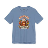 Blue graphic T-shirt with pumpkin spice coffee cup and “Self Care Season” print