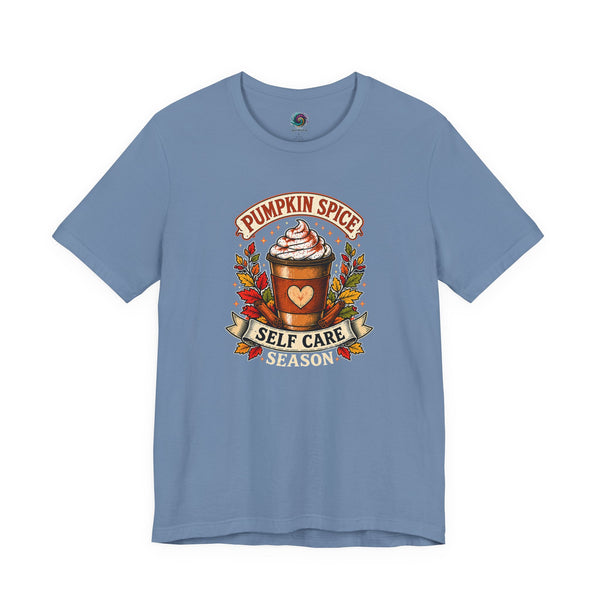 Blue graphic T-shirt with pumpkin spice coffee cup and “Self Care Season” print