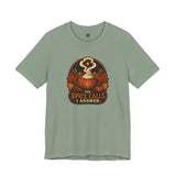 Sage green T-shirt with front circular pumpkin spice cauldron graphic text 