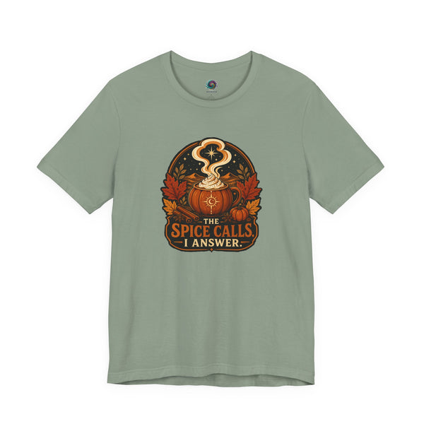 Sage green T-shirt with front circular pumpkin spice cauldron graphic text "I ANSWER".