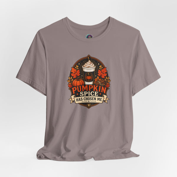Mauve T-shirt with colorful pumpkin spice coffee graphic on chest