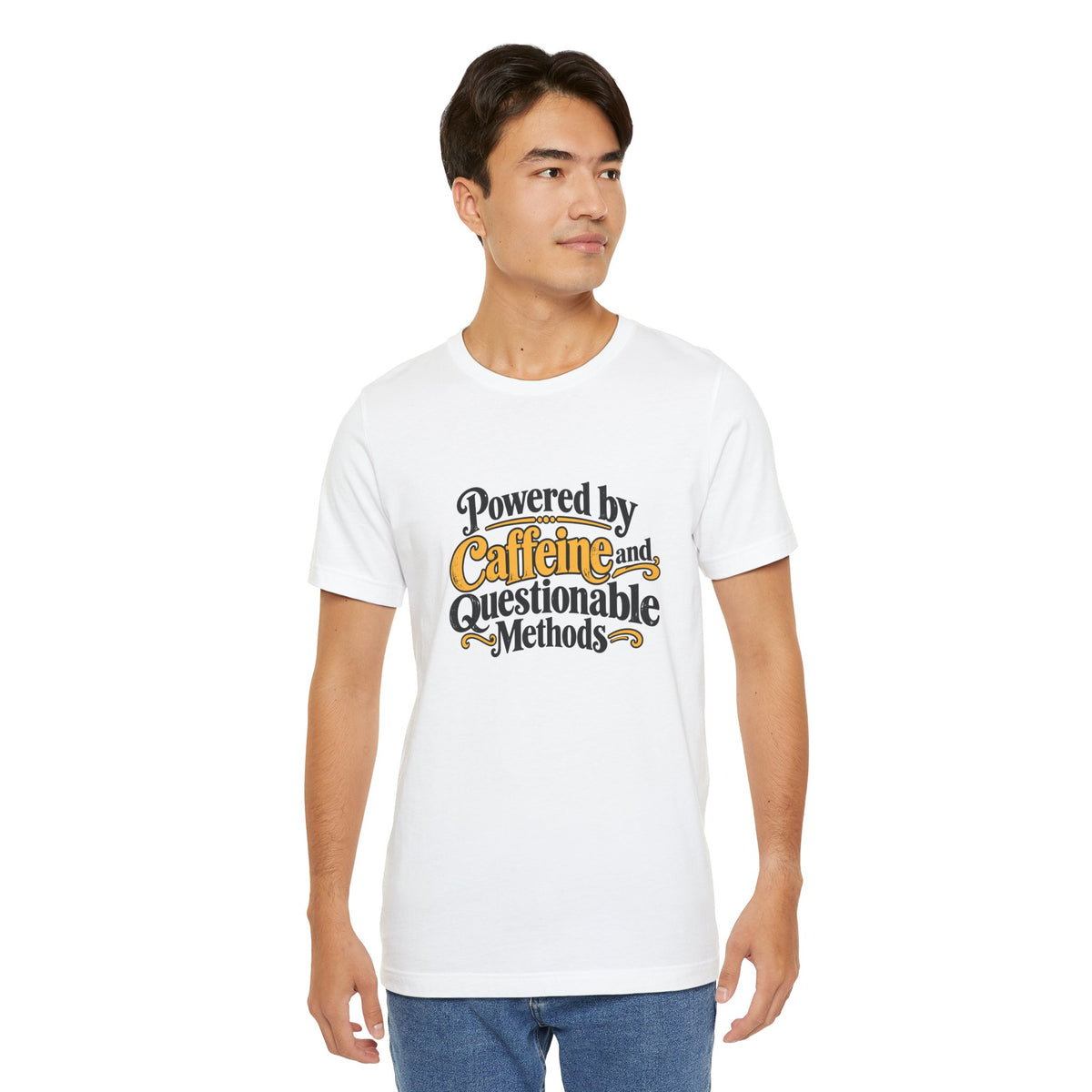 White crewneck T-shirt with caffeine methods graphic front view