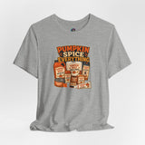 Gray heather crew-neck t-shirt with “Pumpkin Spice Everything” graphic print on chest