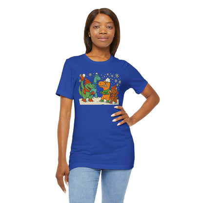 Dinosaur Snowball Fight T-Shirt – Funny Winter Dino Graphic Tee