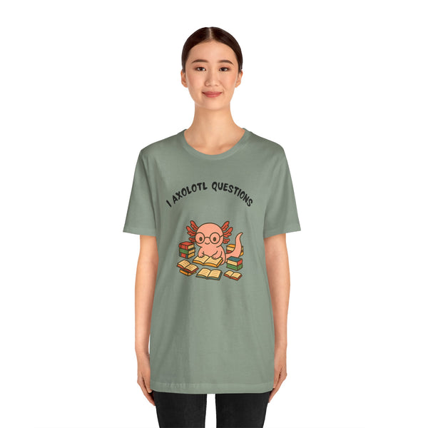 Olive green crew-neck T-shirt with axolotl reading graphic, model wearing