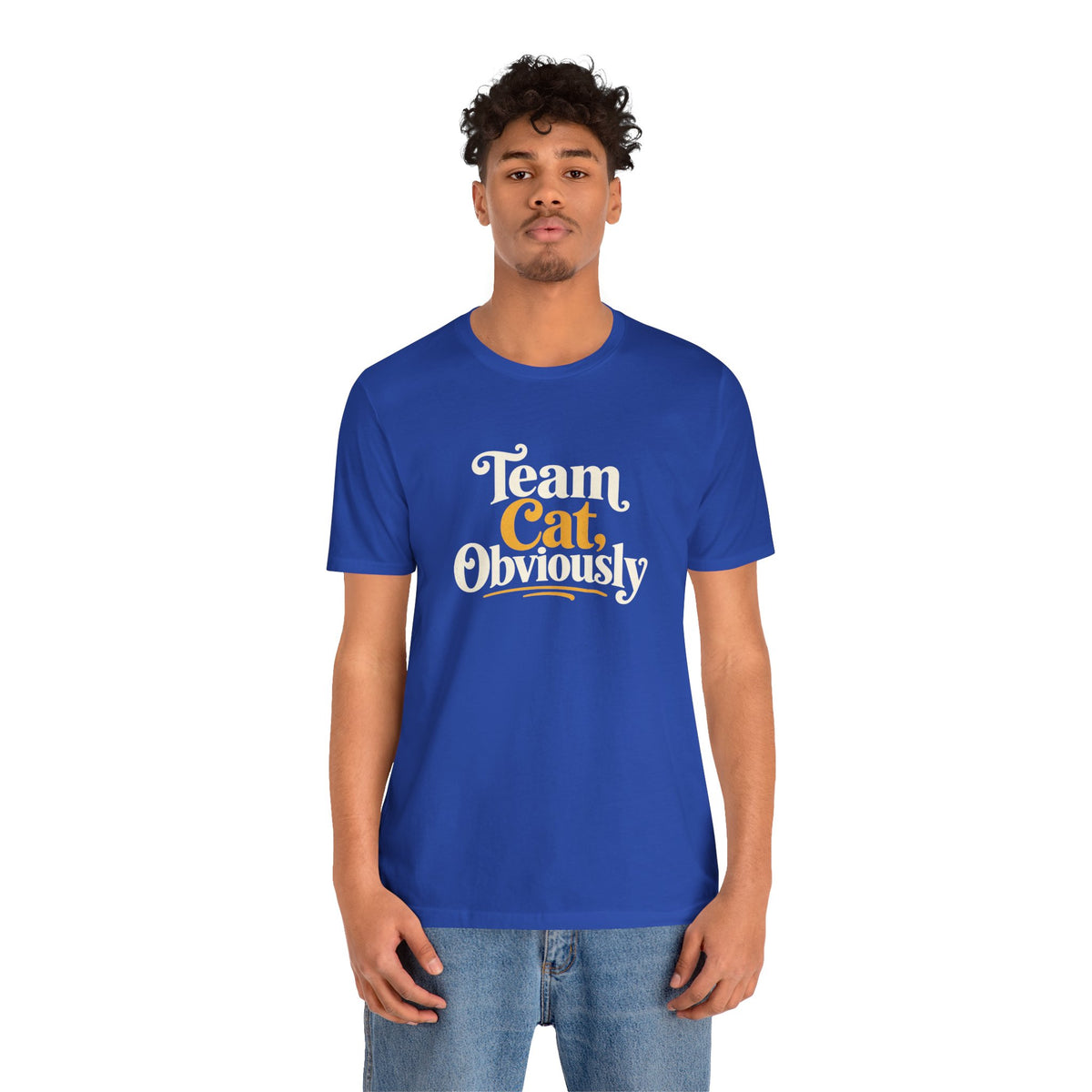 Royal blue crewneck T-shirt with 'Team Cat, Obviously' front print