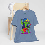 Steel blue short-sleeve crewneck T-shirt with cartoon triceratops playing a red guitar