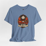 Slate blue crew-neck short-sleeve T-shirt with pumpkin graphic