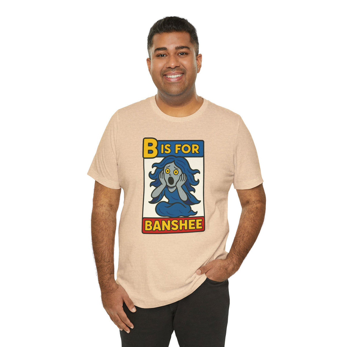 Beige T-shirt with “B is for Banshee” cute ghostly figure alphabet graphic