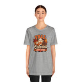 Gray heather crewneck T-shirt with Fall-themed Calories graphic centered on front