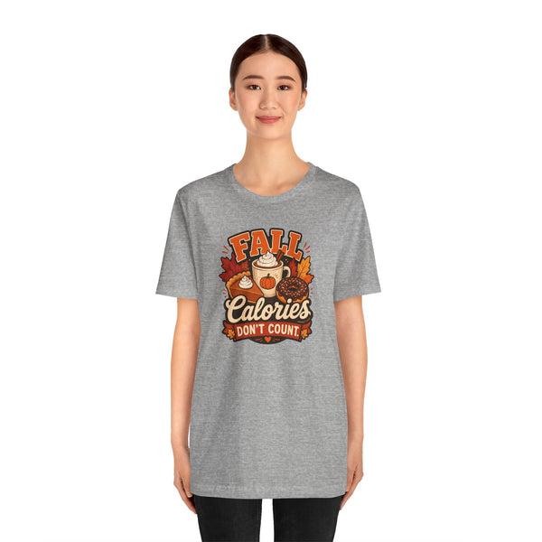 Gray heather crewneck T-shirt with Fall-themed Calories graphic centered on front