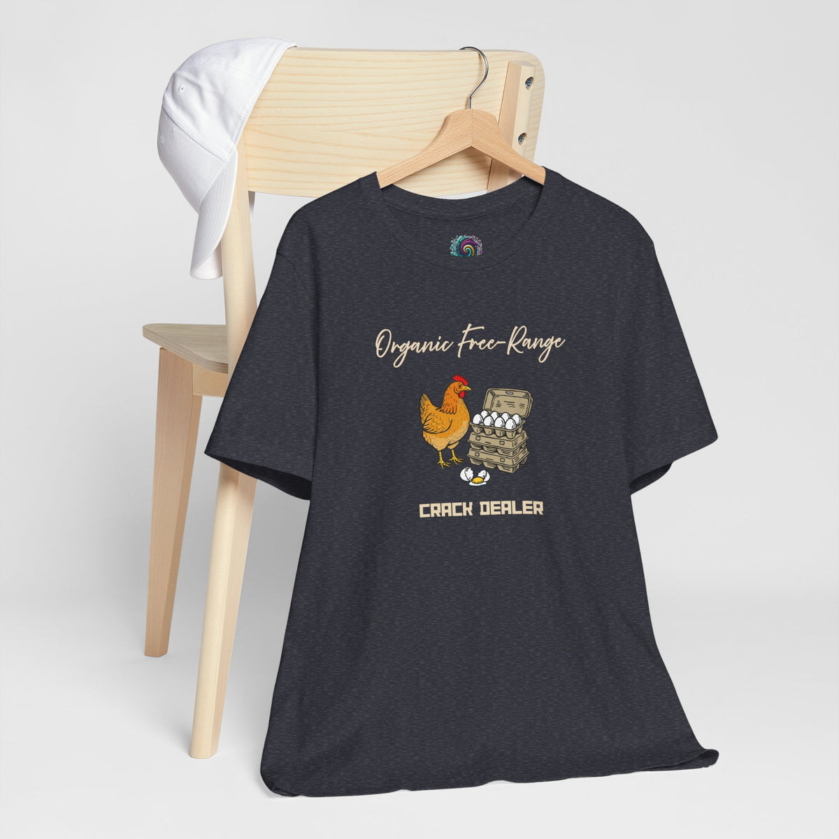 Dark gray graphic chicken farm T-shirt with rainbow logo and cracked dealer print