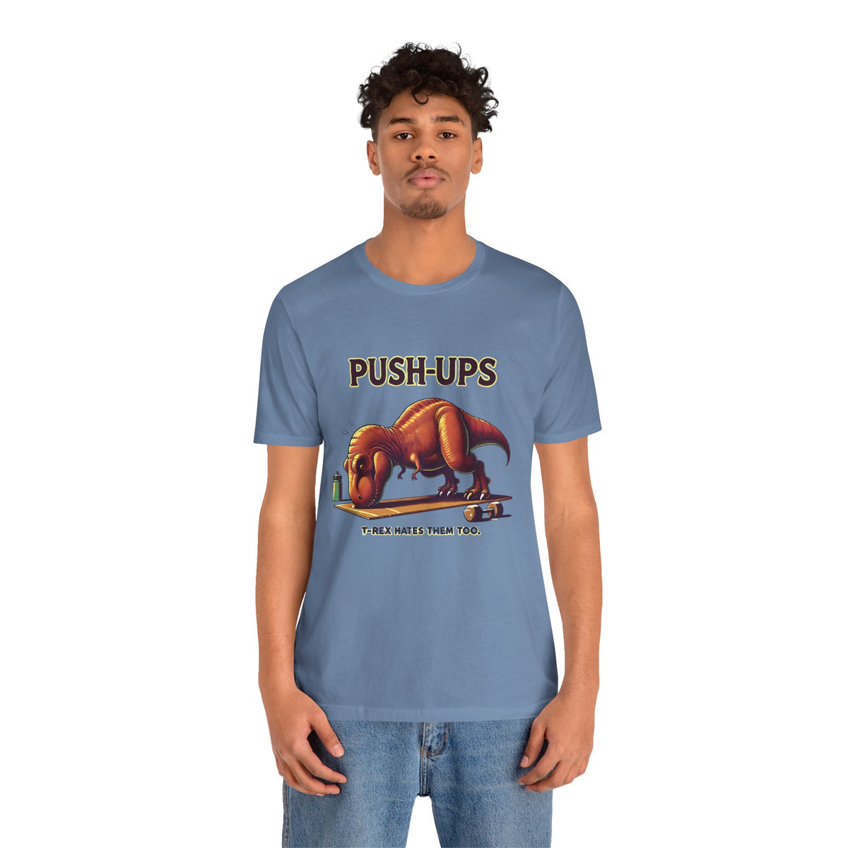 Blue crew-neck T-shirt with 'PUSH-UPS' T-Rex graphic, worn on body