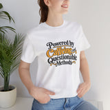White crew-neck short-sleeve T-shirt worn by model with 