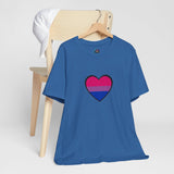 Royal blue heart graphic T-shirt on hanger with center bisexual pride heart logo