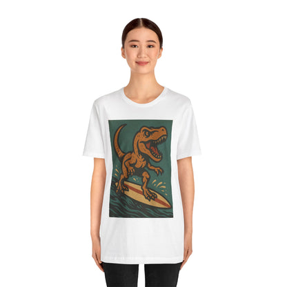 Surfing T-Rex T-Shirt – Funny Dinosaur Graphic Tee for Summer Vibes - WhimSpin - https://whimspin.com
