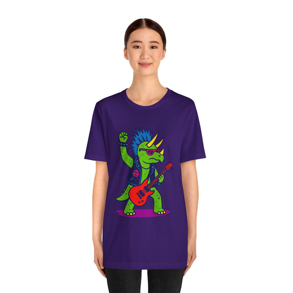 Purple crewneck graphic dinosaur t-shirt with triceratops playing guitar, worn by woman