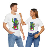 White crewneck T-shirts showing triceratops punk rocker graphic with a red electric guitar