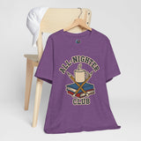 Purple crew-neck t-shirt with 'All-Nighter Club' coffee and books graphic