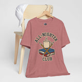 Maroon short-sleeve t-shirt with “All-Nighter Club” coffee and books graphic on front