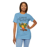 Blue parrot graphic alarm clock T-shirt on female model, 'Snooze button' quote and conure
