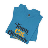 Bright blue crewneck t-shirt with 'Team Cat, Obviously' front graphic, folded