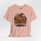Blush crew-neck t-shirt with witch-and-pumpkin “Gourd Intentions” graphic