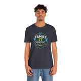Dark navy crew-neck T-shirt with “Family IT Department” badge-style front graphic