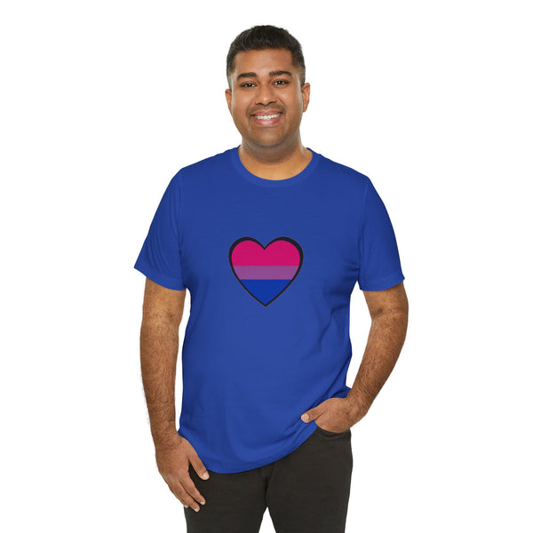 Royal blue T-shirt with center heart bisexual pride flag graphic, worn by man