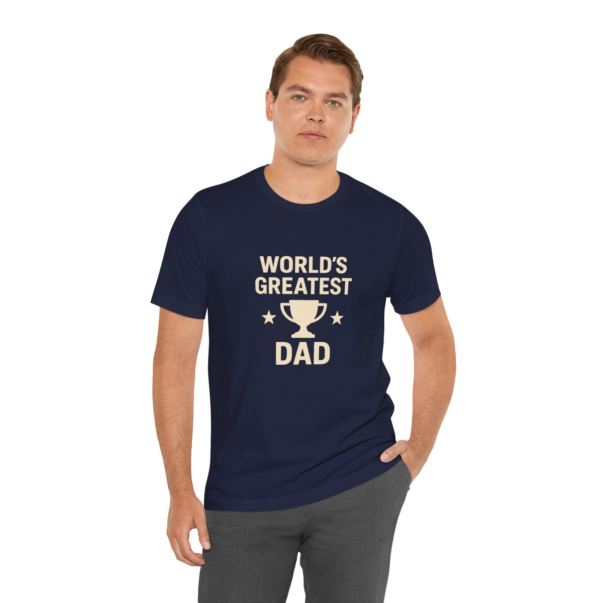 Navy short-sleeve T-shirt with “WORLD’S GREATEST DAD” trophy graphic on front