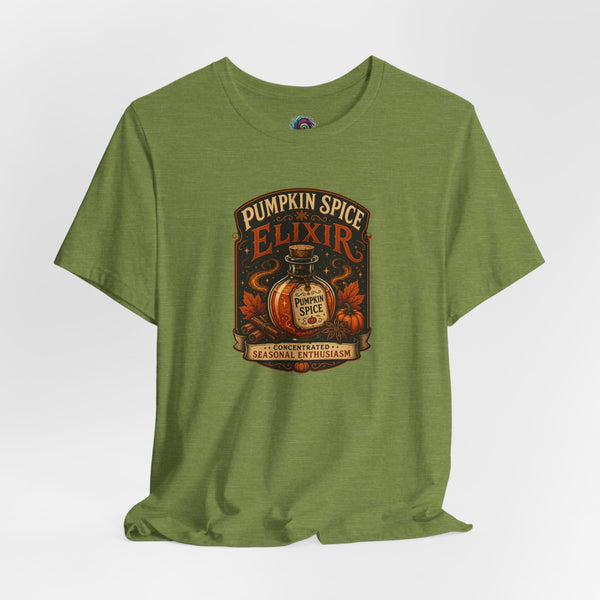 Pumpkin Spice Elixir graphic t-shirt, olive green crew neck, chest print