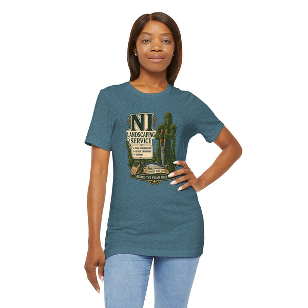 Teal heather crew-neck T-shirt with NI Landscaping Service logo graphic, model wearing